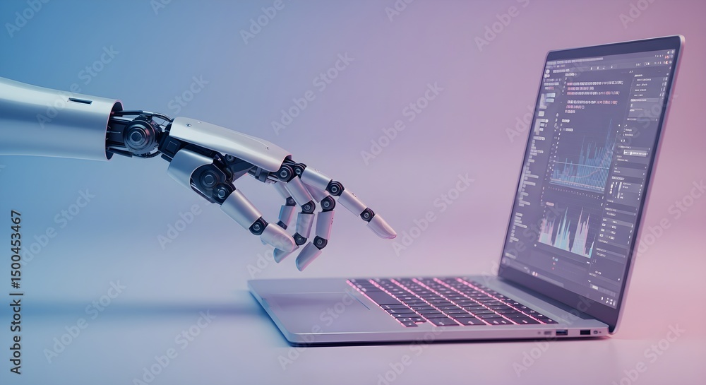 Poster robotic hand pressing a keyboard on a laptop 3d rendering