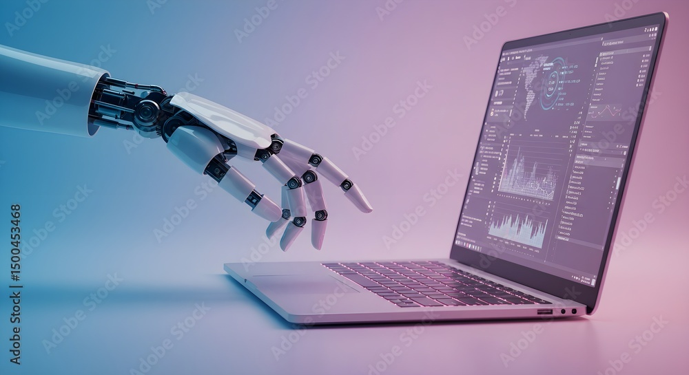 Poster robotic hand pressing a keyboard on a laptop 3d rendering
