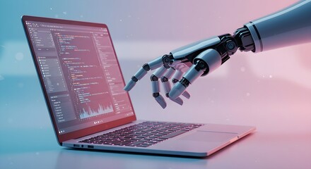 Robotic hand pressing a keyboard on a laptop 3D rendering