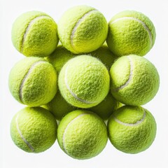 A vibrant cluster of tennis balls displaying their textured surfaces in a close arrangement