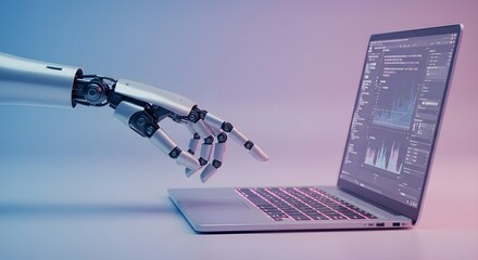 Robotic hand pressing a keyboard on a laptop 3D rendering