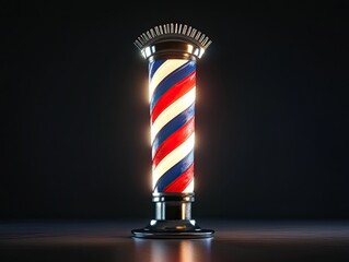 Illuminated barber pole with red, white, and blue spiral stripes, metallic base and crown, on dark background, reflecting light