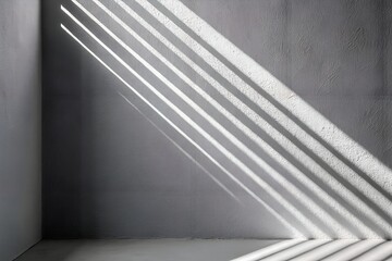 Obraz premium Striped sunlight casting parallel shadows through blinds onto grey wall corner in minimalist interior scene with soft natural lighting