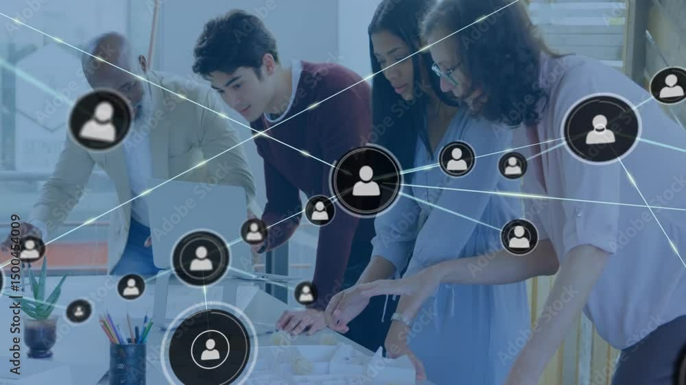 Aufkleber team analyzing sketches at tabletop while initiating network overlay showing digital connectivity