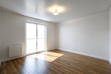 Obraz premium Empty modern room with sunlight streaming through large window onto hardwood floors in bright minimalist interior design scene