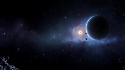 Dark Planet Orbiting Binary Star System, Cosmic Dust and Debris Field