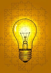 Illustration Of Illuminated Light Bulb Idea Over A Yellow Puzzle Background