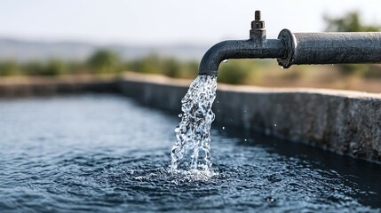 Water flows from a tap into a concrete basin outdoors with blurred background.