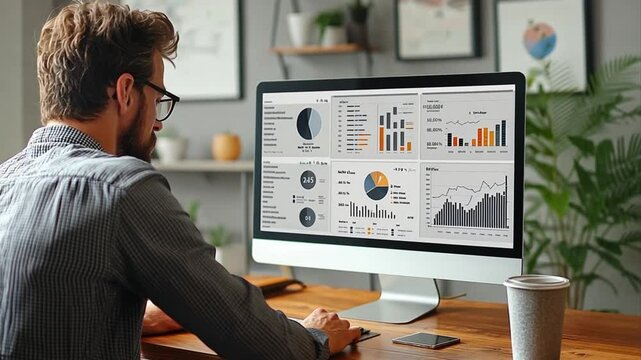 A focused professional analyzes complex business data charts and graphs on his modern desktop computer screen - Powered by Adobe