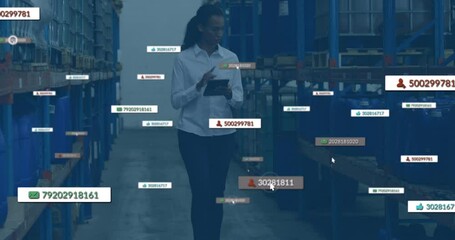 Manager entering warehouse aisle using tablet tapping bins for inventory tracking via data overlays - Powered by Adobe