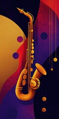 Golden saxophone against a vibrant abstract backdrop of cosmic colors