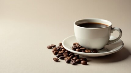 Fototapeta premium Aromatic Coffee in a Simple White Cup with Roasted Beans