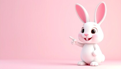 Cute Bunny Pointing Pink Background.