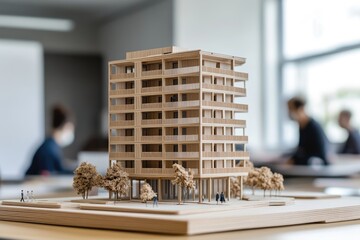 Detailed wooden model of a multi-story apartment building, displayed on a table in a bright room.  Blurred figures of people in the background, likely in a design studio
