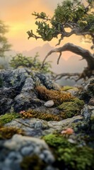 Miniature landscape featuring a gnarled tree on rocky terrain, with vibrant moss and lichen, set against a hazy mountain backdrop at sunset