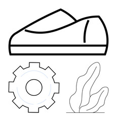 Clean sneaker line design paired with a gear symbolizing technology and abstract plant shapes reflecting nature. Ideal for sustainability, fashion, innovation, nature integration, eco-tech, lifestyle