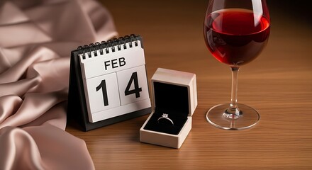 Valentine's Day celebration featuring a ring, a calendar, and a glass of red wine, setting the scene for romance and proposal. The composition includes elegant textures and warm colors.