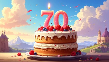 70 years. Birthday Anniversary Sweet Cake. An anniversary greeting card or banner