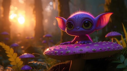Adorable Fairy-like Creature Resting on a Magic Mushroom in a Dreamlike Forest at Sunrise