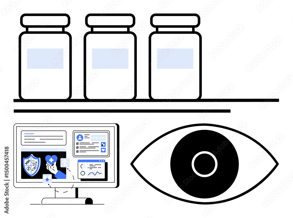 Poster three vaccine vials on a shelf, a computer screen with healthcare data visualization, and an abstrac