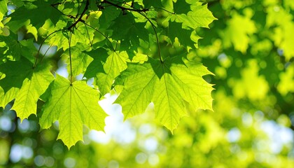 Obraz premium Green Maple Leaves Sunlight Spring.