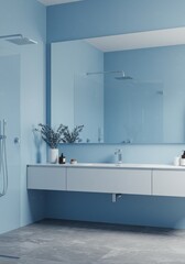 Modern Blue Bathroom Interior Design With Minimalist Washbasin and Mirror Photo