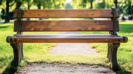 Naklejka premium Rustic wooden bench invites respite along a sun-dappled park walkway
