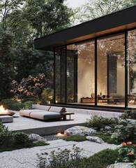 Fototapeta premium Modern Zen-style backyard patio. Large glass walls frame a contemporary home, seamlessly blending indoor/outdoor living. Gravel pathways and manicured landscaping 