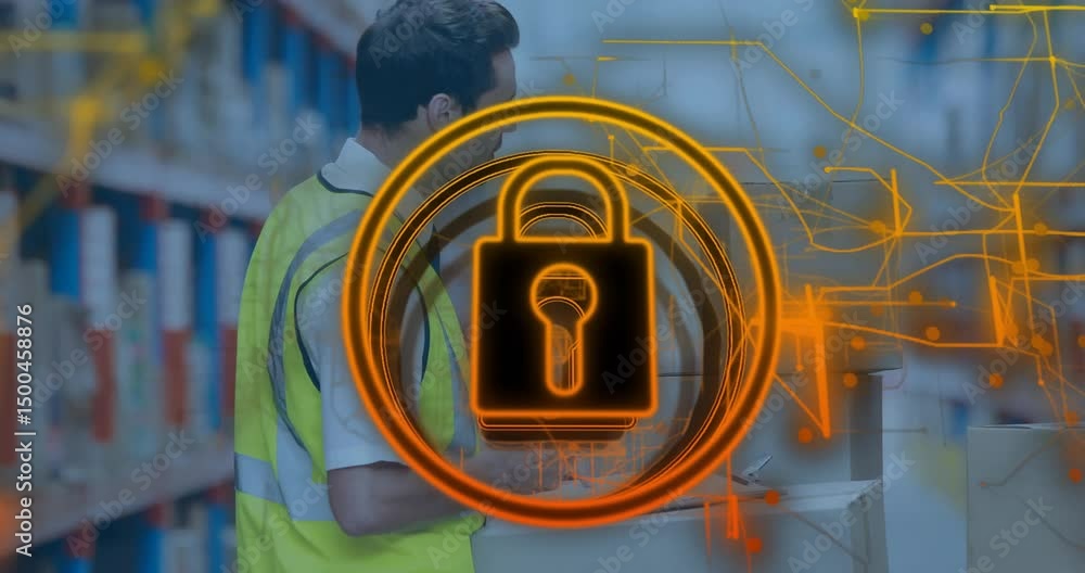 Poster warehouse worker scanning box label using scanner at aisle, generating rotating padlock graphic