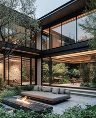 Fototapeta premium Modern courtyard home with outdoor lounge. Large windows, sleek lines, and a fire pit feature. Lush greenery surrounds the open-air space