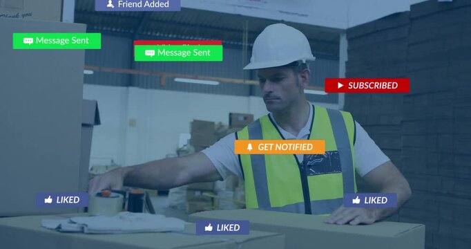 Warehouse worker opening box causing media icons illustrating packaging engagement during taping
