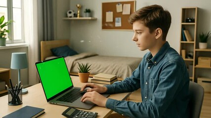 Teen boy using laptop with green screen at home desk setup, online education or digital content concept with home office background - Powered by Adobe