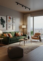 Fototapeta premium Modern Living Room Interior Photo Featuring Green Sofa and City View