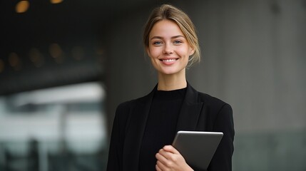Confident CEO Smiling Woman in Formal Dress Holding Tablet