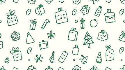 Christmas Doodle Pattern with Gifts, Tree, Candy Cane and Decorations