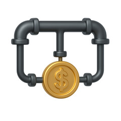 3D render of a gold coin with dollar sign inside a black pipe system, concept for finance and business