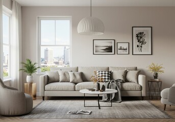 Photo of Modern Living Room Interior Featuring Sofa Decor Art and Window