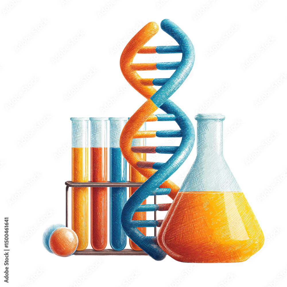 Poster dna helix with test tubes and flask isolated on transparent background