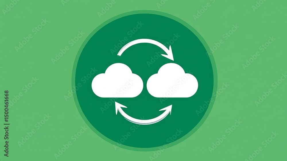 Poster dynamic cloud sync animation with rotating arrows on green background for technology concept