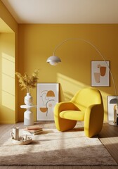 Modern Yellow Interior Design With Comfortable Chair And Decorative Items