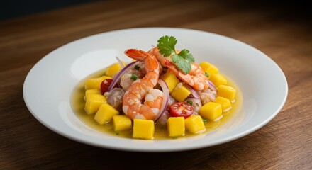 Photo of Shrimp Ceviche Dish with Mango on White Plate and Wooden Table