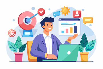 Business person interacting with a futuristic digital marketing interface, showcasing online advertising analytics, data charts, email marketing, and campaign performance metrics on a virtual screen. 