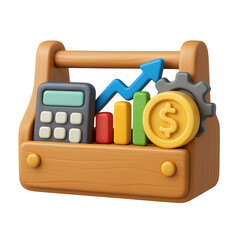 3D rendering of a wooden toolbox containing a calculator, bar graph, upward arrow, and gold coin with dollar sign; concept for financial growth and business success