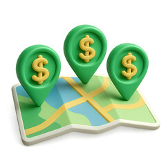 Three green location pins with dollar signs on a folded map, concept for financial location tracking and investment