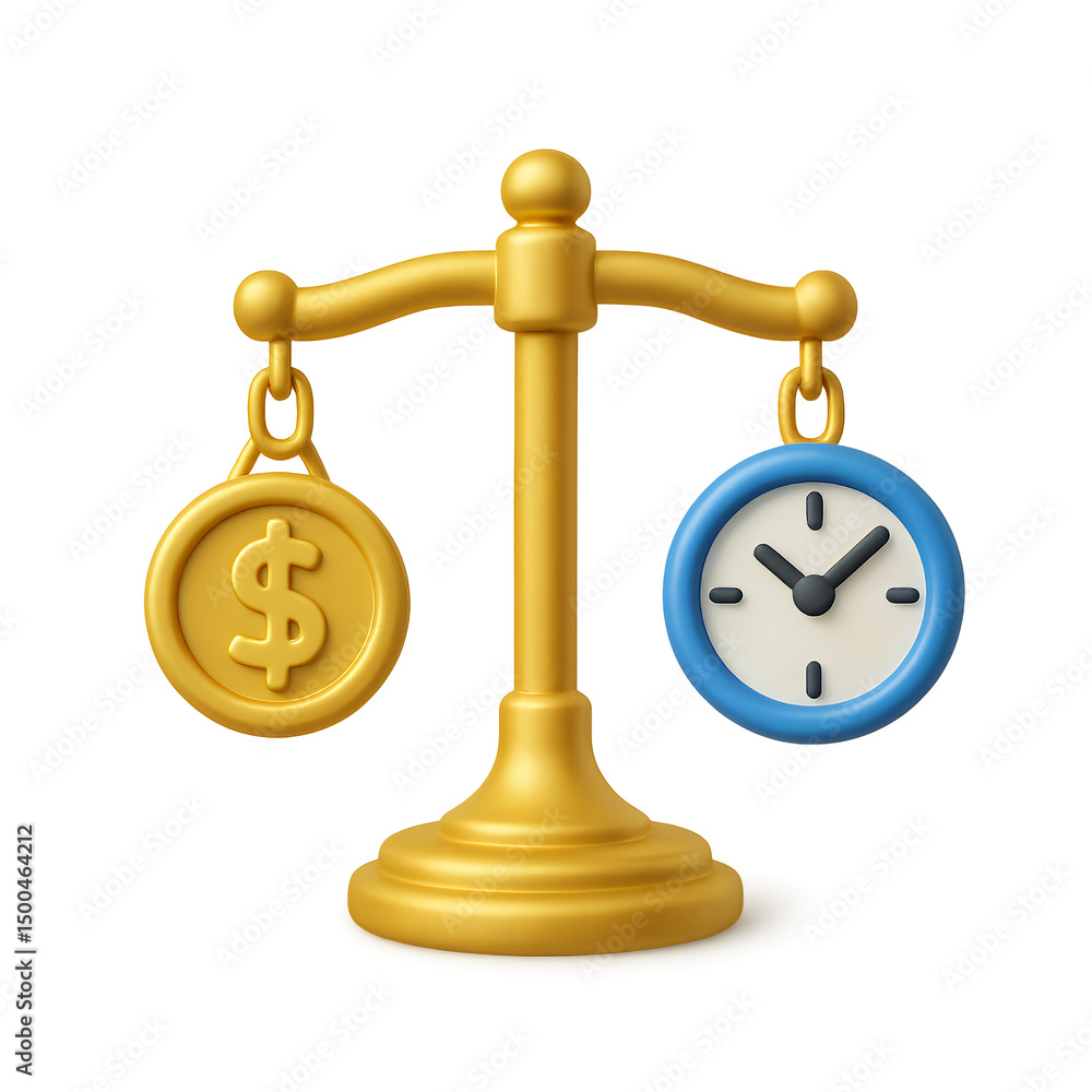 Poster 3d render of a golden scale with a dollar coin and a clock, concept for time management and business