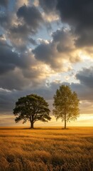 Fototapeta premium Photo of Two Trees in Golden Field at Sunset with Dramatic Sky
