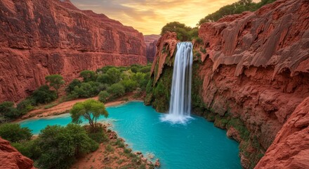 Photo of Waterfall Flowing into Turquoise Water in a Red Rock Canyon at Sunset