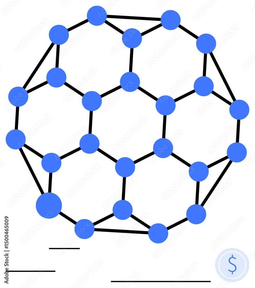 Poster blue interconnected nodes form a geometric sphere symbolizing a network and collaboration. ideal for