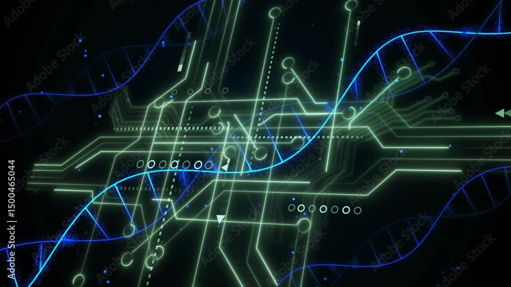Poster Opening scene unveiling green circuit pulsing nodes while blue helix winding grid showing data flow