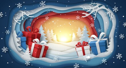 Paper Cut Illustration of Christmas Scene With Gifts and Snowflakes